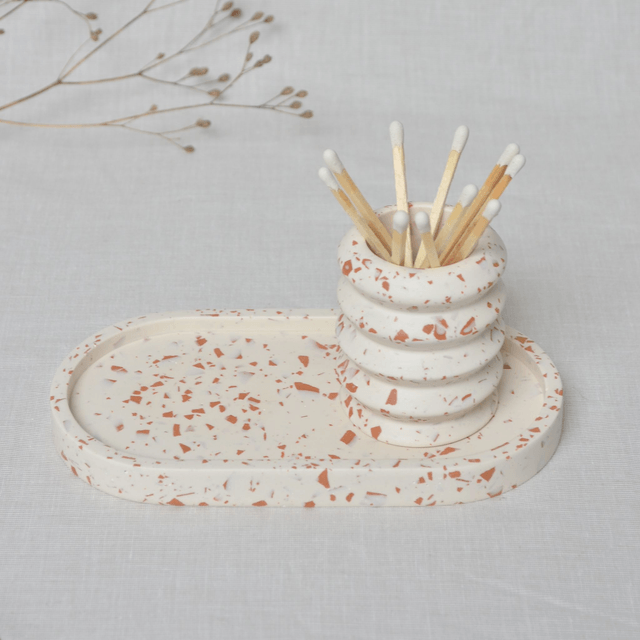 Ensemble plateau - support allumettes : Blanc terrazzo terracotta